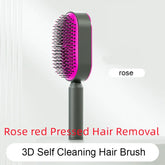 Rose red 3D self-cleaning hair brush with ergonomic black handle and dense bristles