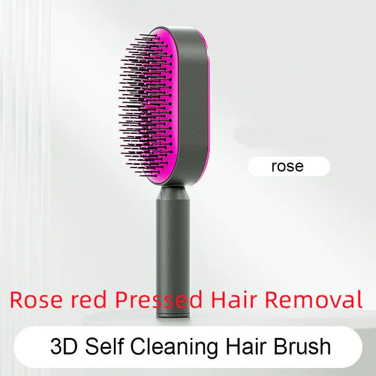 Rose red 3D self-cleaning hair brush with ergonomic black handle and dense bristles