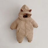 Beige baby jumpsuit with hood, animal ears, soft padded material, loose fit