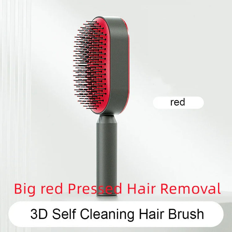 Red and black self-cleaning hair brush with ergonomic handle and dense bristles