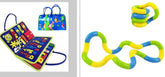 Colorful blue and green sensory playset with alphabet puzzle mat and bendable fidget toys.