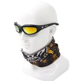 Futuristic black sunglasses with yellow mirrored lenses and patterned neck gaiter on mannequin
