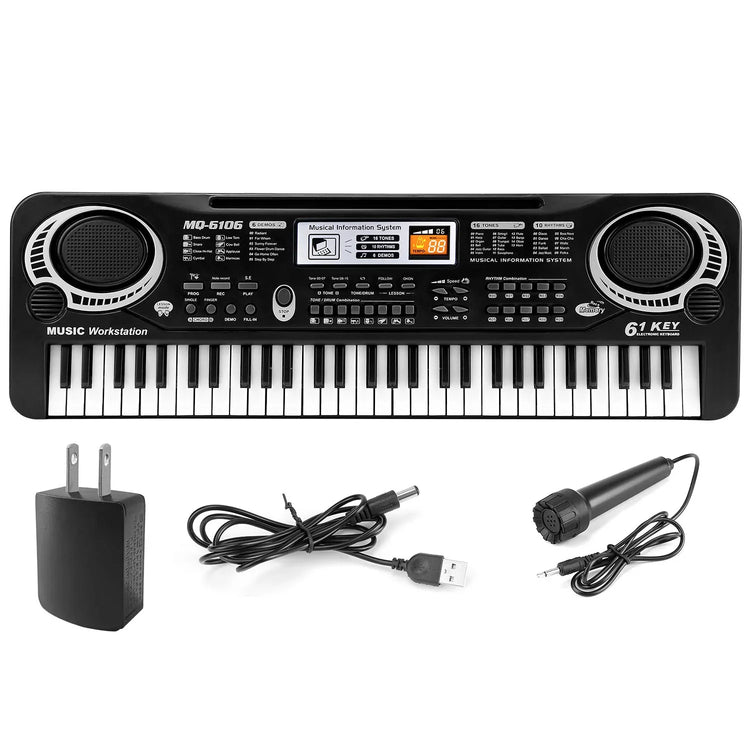 Black 61-key digital keyboard with speakers, power adapter, USB cable, and microphone.