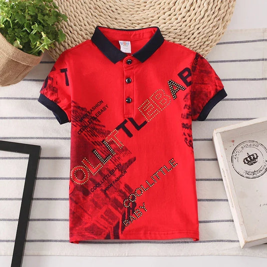 Red short-sleeve polo shirt with black collar, text print, and modern streetwear style.