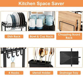 Multi-functional kitchen space saver with dish rack, bowl and cup rack, chopping board rack, utensil holder, hooks, and drainage tray.