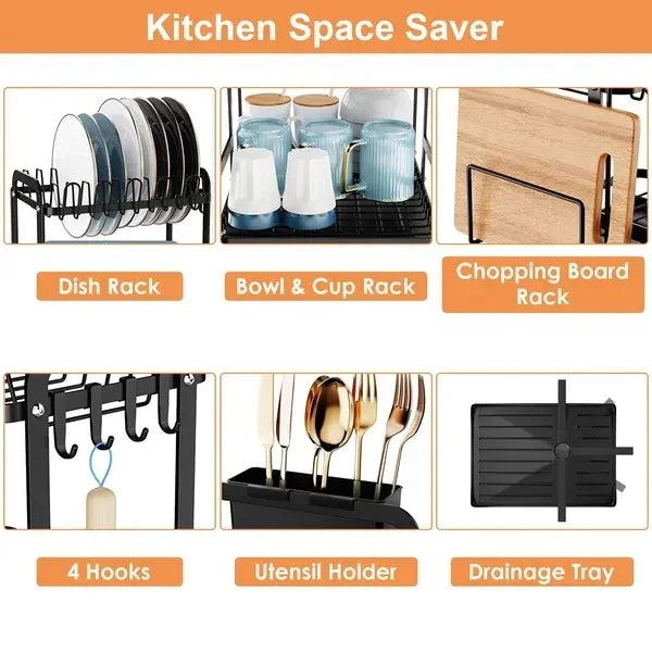 Multi-functional kitchen space saver with dish rack, bowl and cup rack, chopping board rack, utensil holder, hooks, and drainage tray.