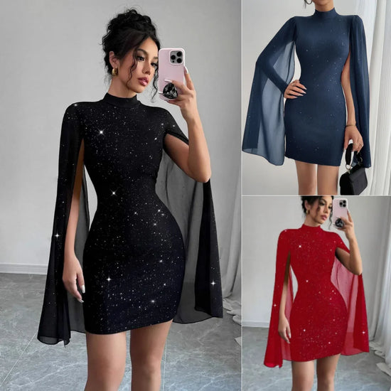 Sparkly bodycon mini dress with sheer cape sleeves in black, navy, and red colors.