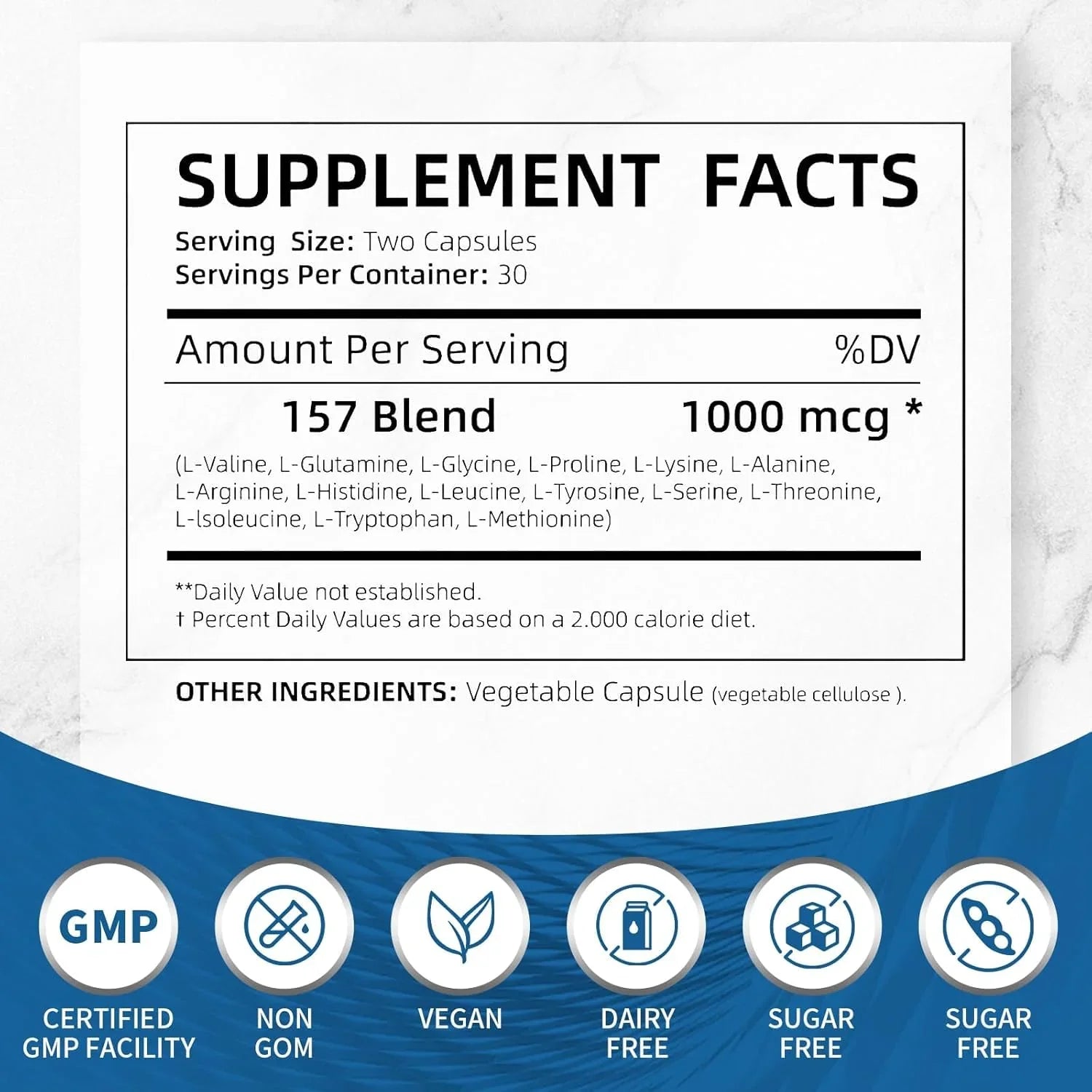 Supplement facts label for capsule with amino acid blend, vegan, non-GMO, dairy and sugar free