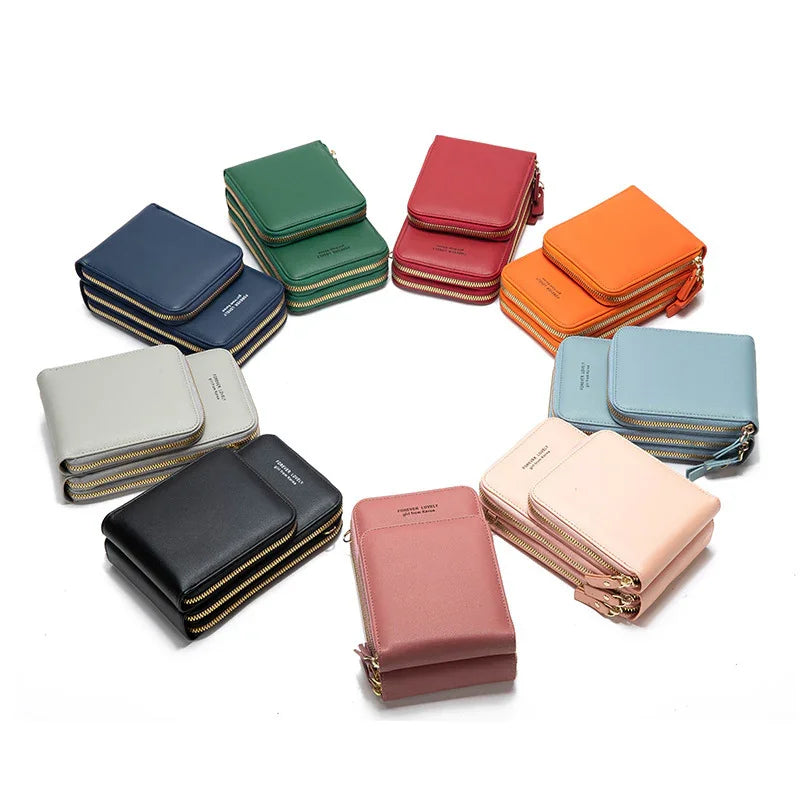 Colorful zippered wallets in leather material, compact fit, arranged in a circular pattern.