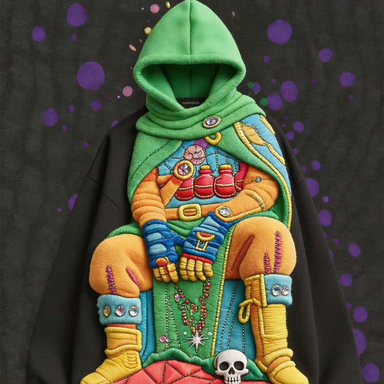 Colorful oversized hoodie with green hood, 3D stitched fantasy design, mixed fabrics, relaxed fit