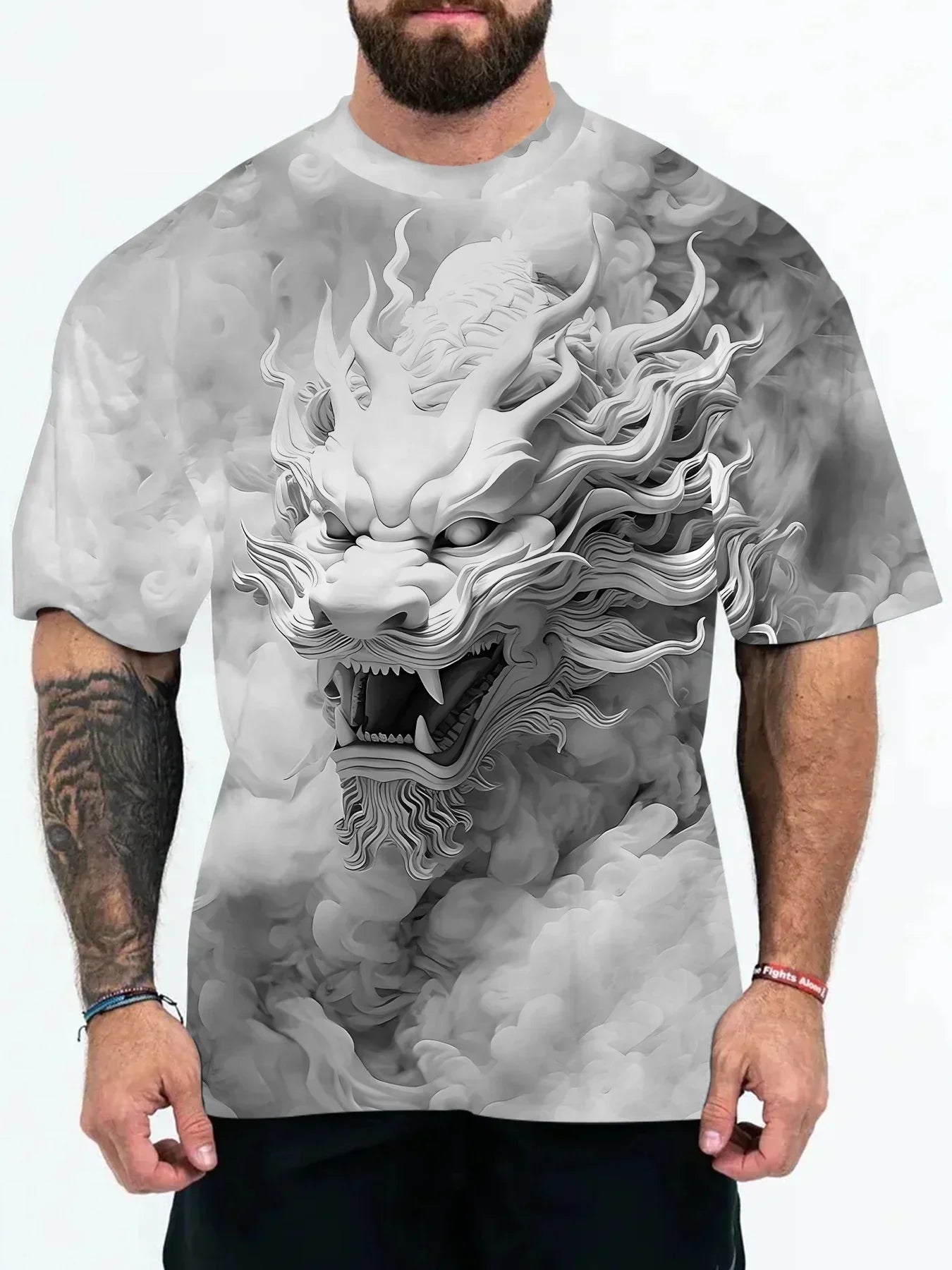Men’s oversized t-shirt with black and white dragon graphic, loose fit, short sleeves