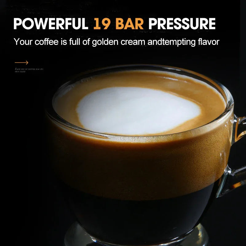 Close-up of a glass cup filled with creamy espresso coffee on a dark background.