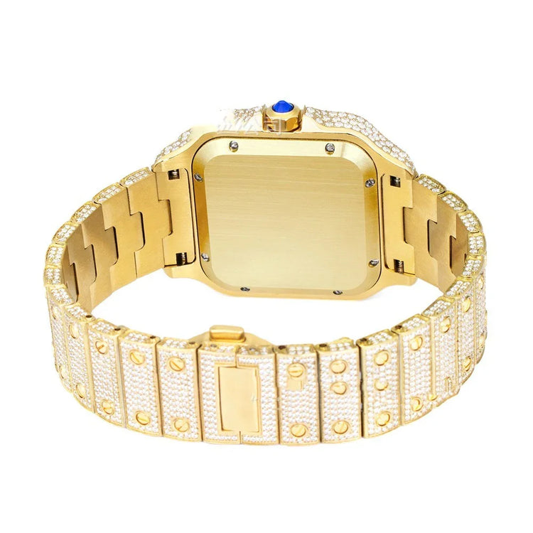Gold-tone square wristwatch with adjustable metal band and rhinestone accents, luxury streetwear style