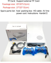 White gaming console set with two blue controllers, HDMI and AV cables, and instruction manual.