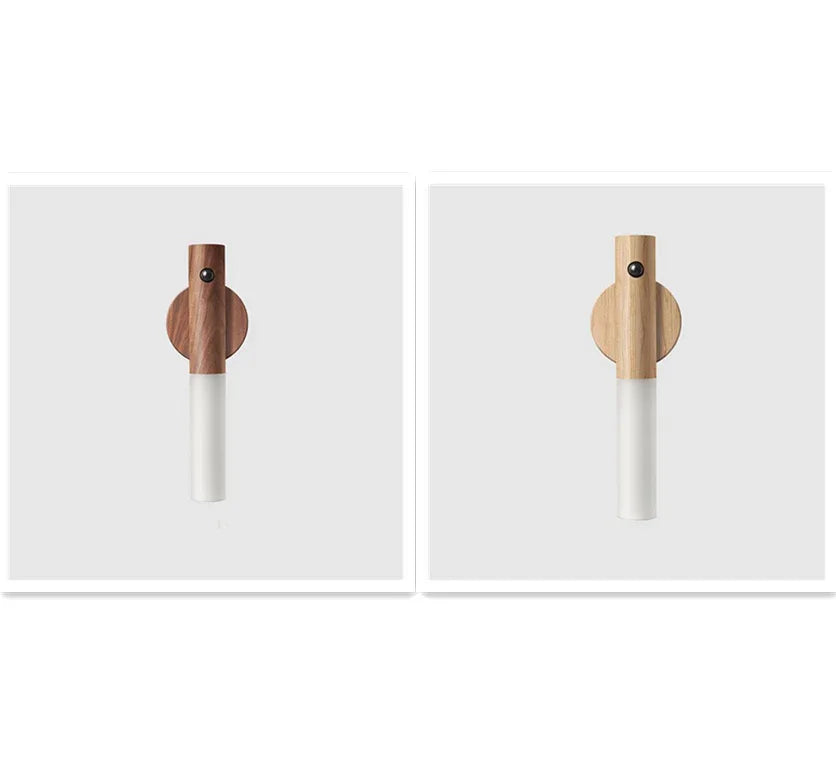 Minimalist wall lights with natural wood finish and cylindrical white diffusers