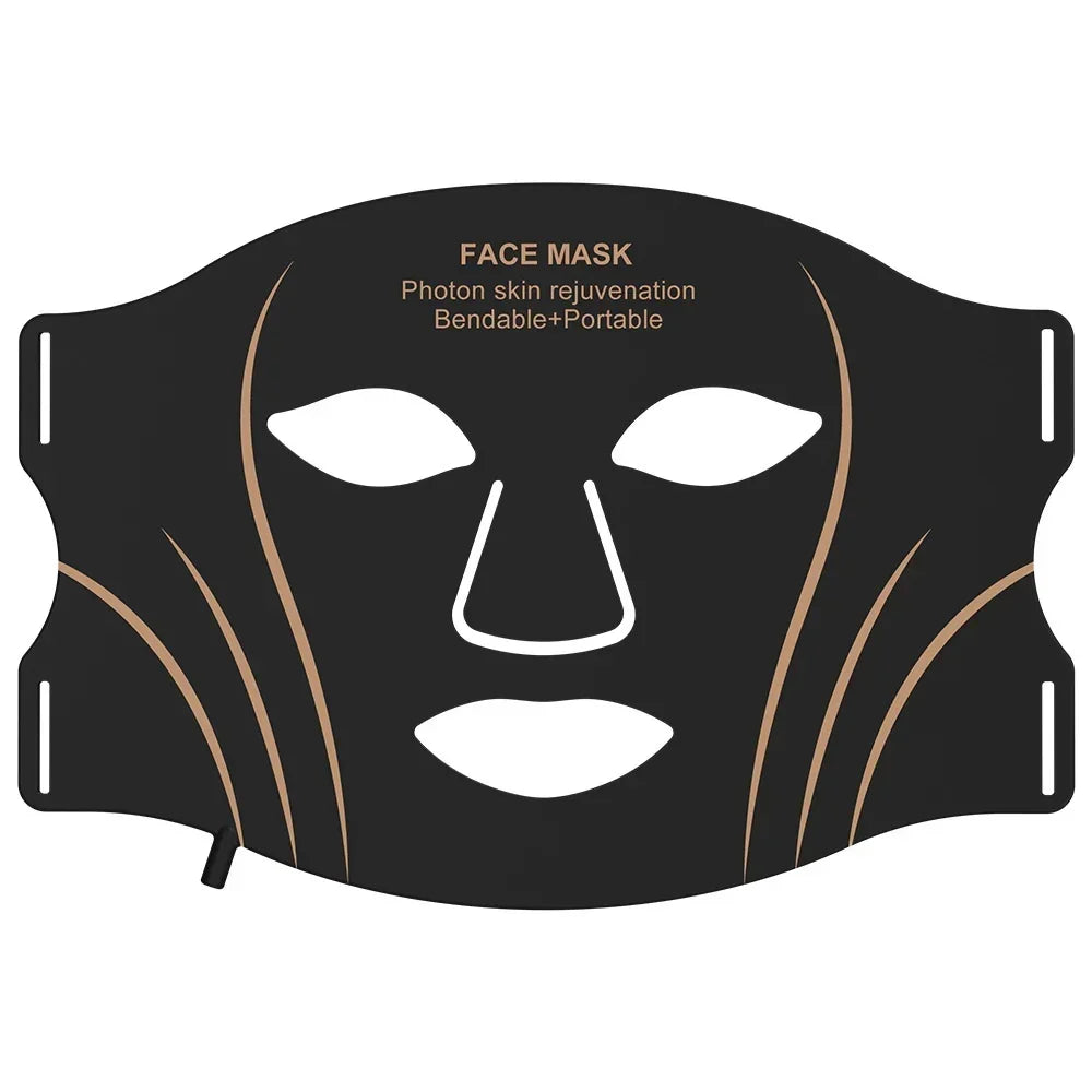 Black photon therapy face mask with gold accents, bendable material, cutouts for eyes, nose, and mouth.