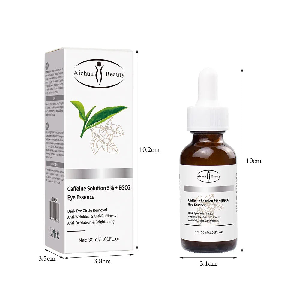 Caffeine eye serum bottle and box with product details, dropper top, white and brown packaging