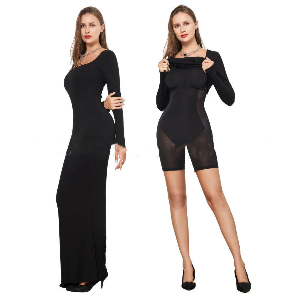 Woman in fitted black long-sleeve maxi dress and black sheer shapewear bodysuit