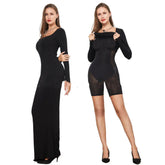 Woman in fitted black long-sleeve maxi dress and black sheer shapewear bodysuit