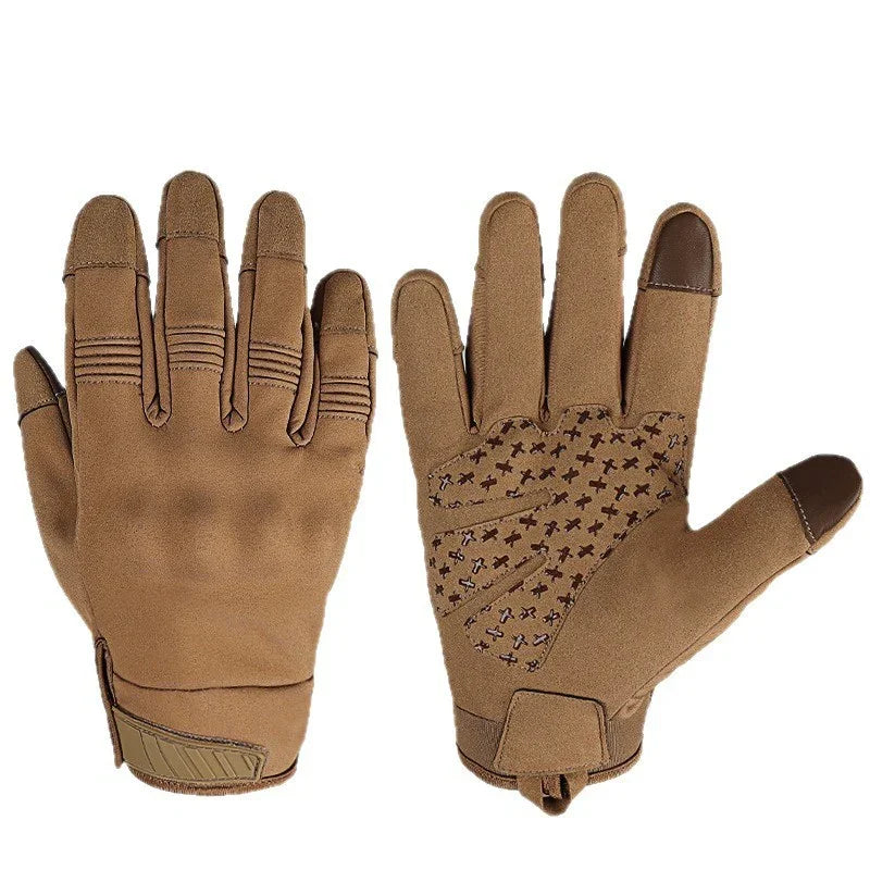 Brown tactical gloves with reinforced fingertips and grip pattern, slim fit streetwear style