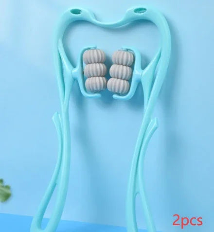 Light blue manual massager tool with dual textured rollers, ergonomic plastic design