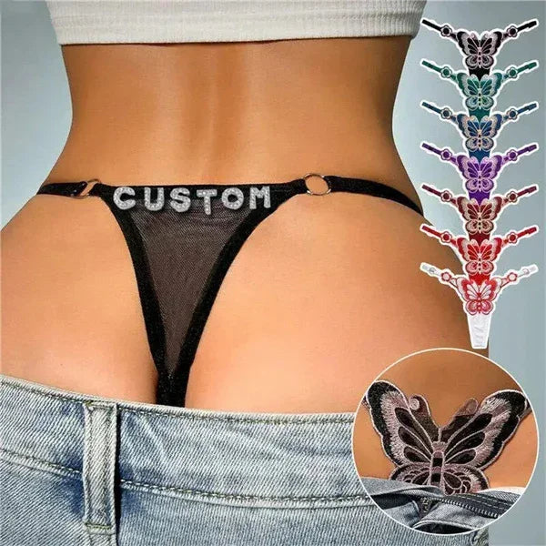 Women's mesh thong with butterfly embroidery and customizable lettering, available in multiple colors, low-rise fit.