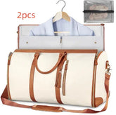 Cream and brown weekender travel bag with garment compartment and matching pouch, stylish and spacious
