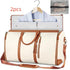Cream and brown weekender travel bag with garment compartment and matching pouch, stylish and spacious