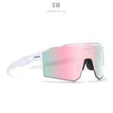 Futuristic white sunglasses with mirror pink shield lens and angular frame design