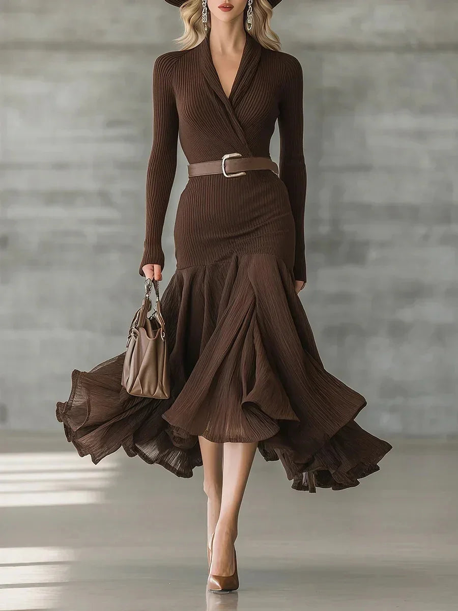 Elegant brown ribbed knit dress with long sleeves, flared skirt, fitted waist, and flowy hem.