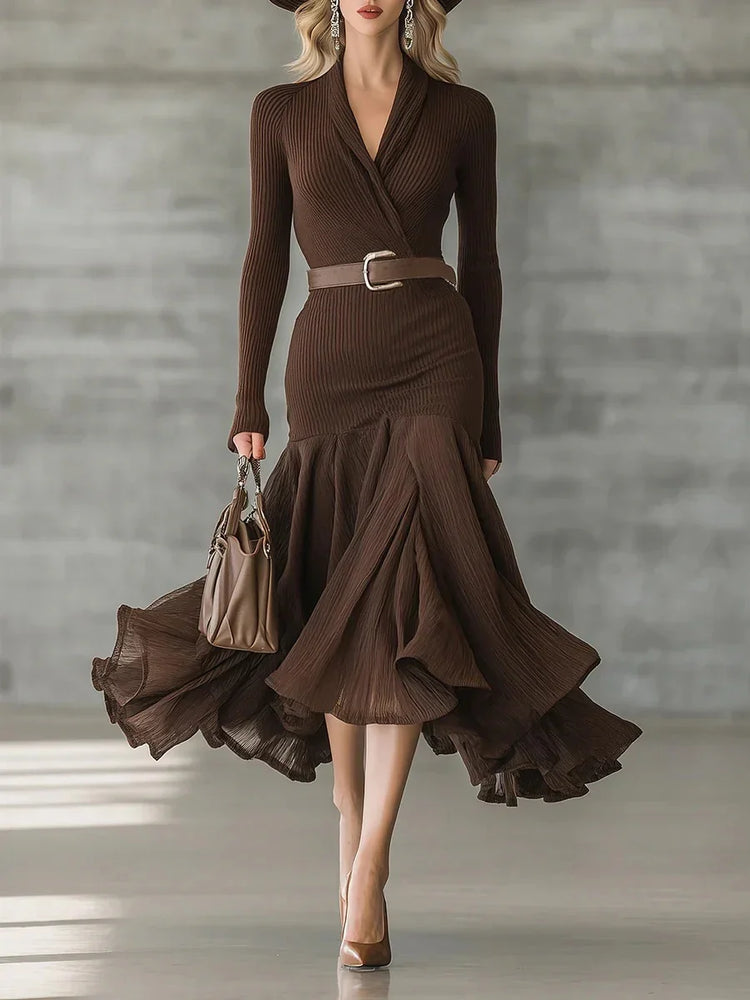Elegant brown ribbed knit dress with long sleeves, flared skirt, fitted waist, and flowy hem.