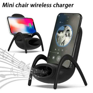 Black mini chair wireless charger holding smartphones, modern tech accessory stand