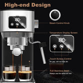 Modern stainless steel espresso machine with touch screen controls, dual shot, temperature display, and steam wand.