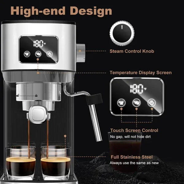 Modern stainless steel espresso machine with touch screen controls, dual shot, temperature display, and steam wand.