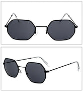 Geometric black frame sunglasses with dark lenses and slim metal arms, modern streetwear style
