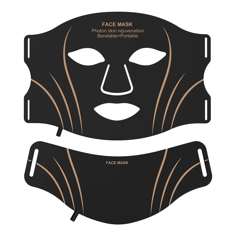 Black photon skin rejuvenation face mask with gold stripes, flexible and portable design.