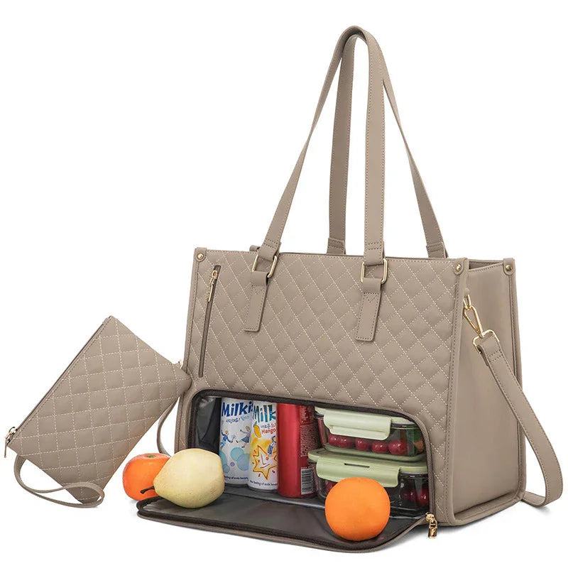 Beige quilted tote bag with gold hardware and insulated food storage compartment
