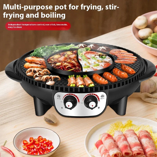 Multi-purpose electric grill hot pot combo with adjustable temperature, non-stick surface, grilling assorted meats and vegetables.