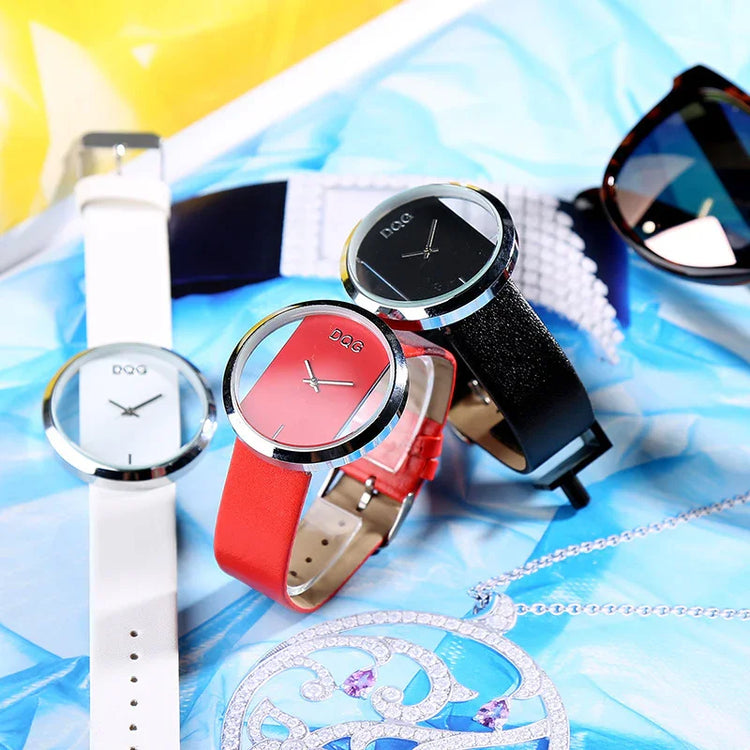 Minimalist wristwatches with white, red, and black leather bands and silver round faces