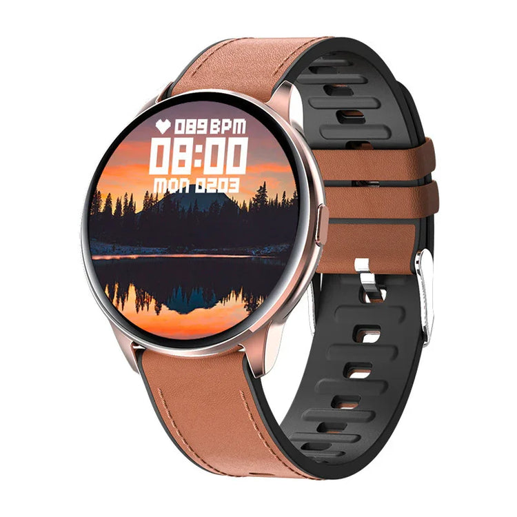Smartwatch with round face, brown leather and black silicone strap, digital display