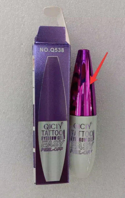 Purple and white tattoo eyebrow gel bottle with metallic cap, next to matching box