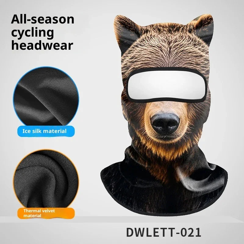 Bear print balaclava made of ice silk and thermal velvet materials, all-season cycling mask