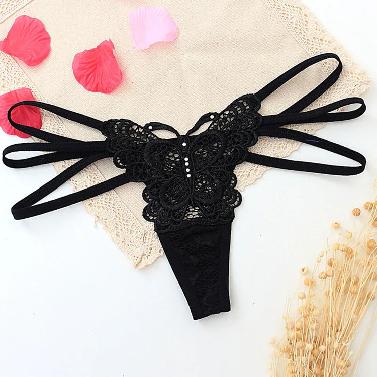 Black lace butterfly thong, strappy design, delicate sheer material, sexy fit