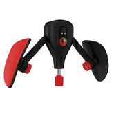 Adjustable black and red tech accessory with textured grips and a central digital display