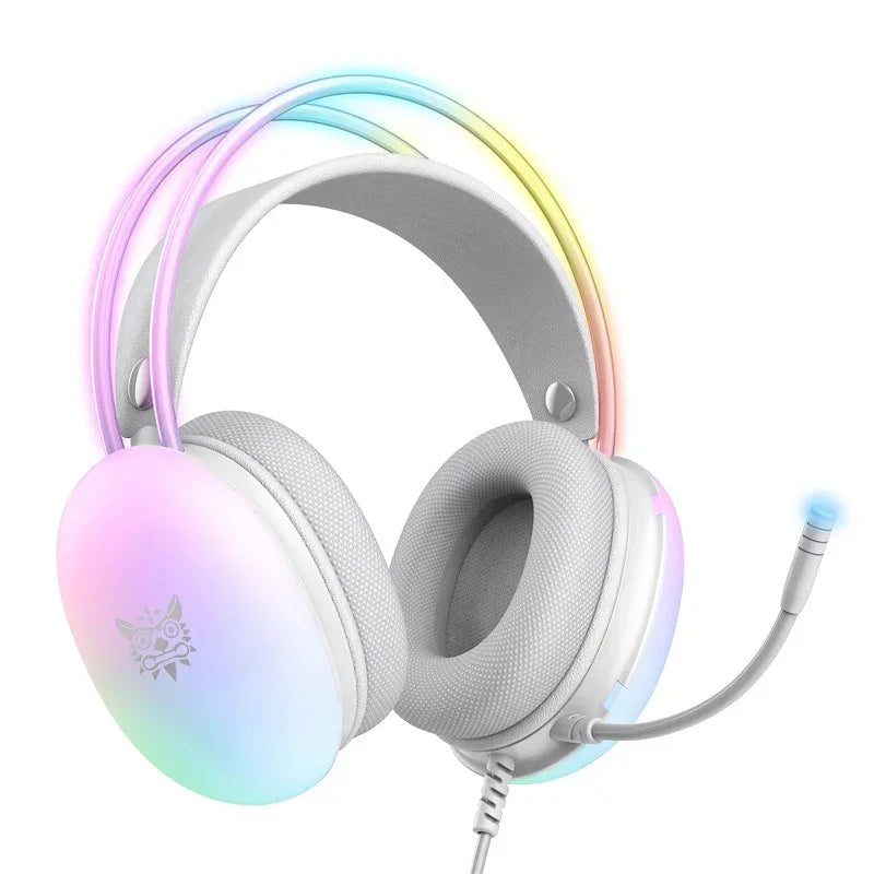 White over-ear gaming headset with pastel gradient LED lighting and flexible microphone