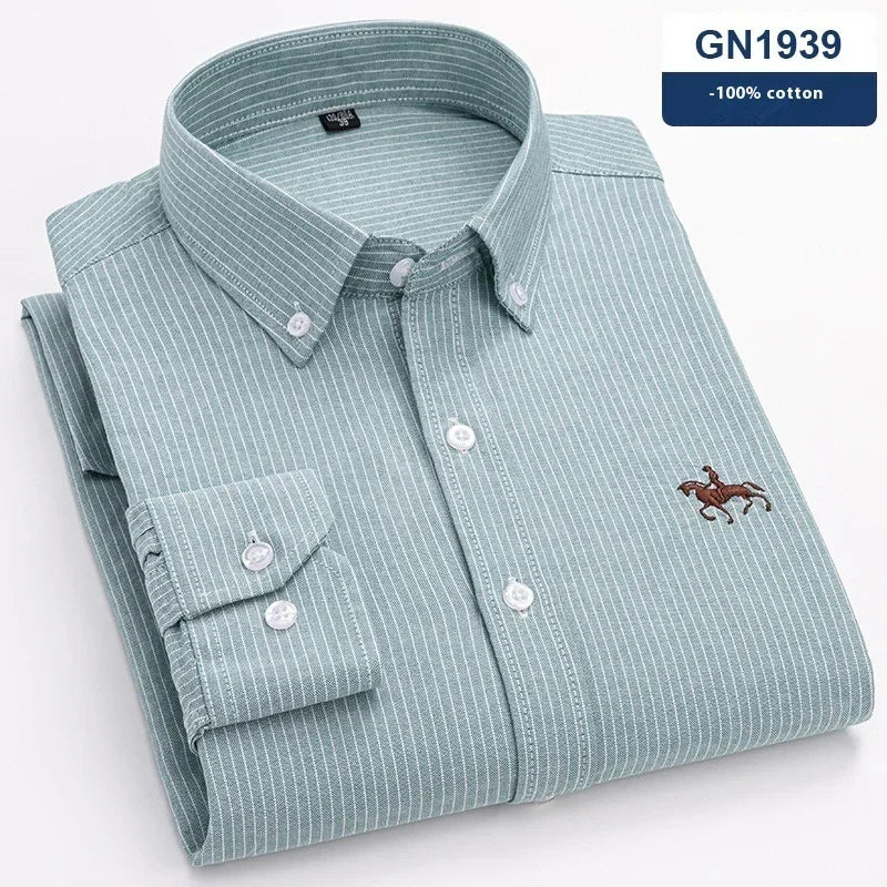Men's light green striped cotton button-up shirt, slim fit, embroidered chest logo