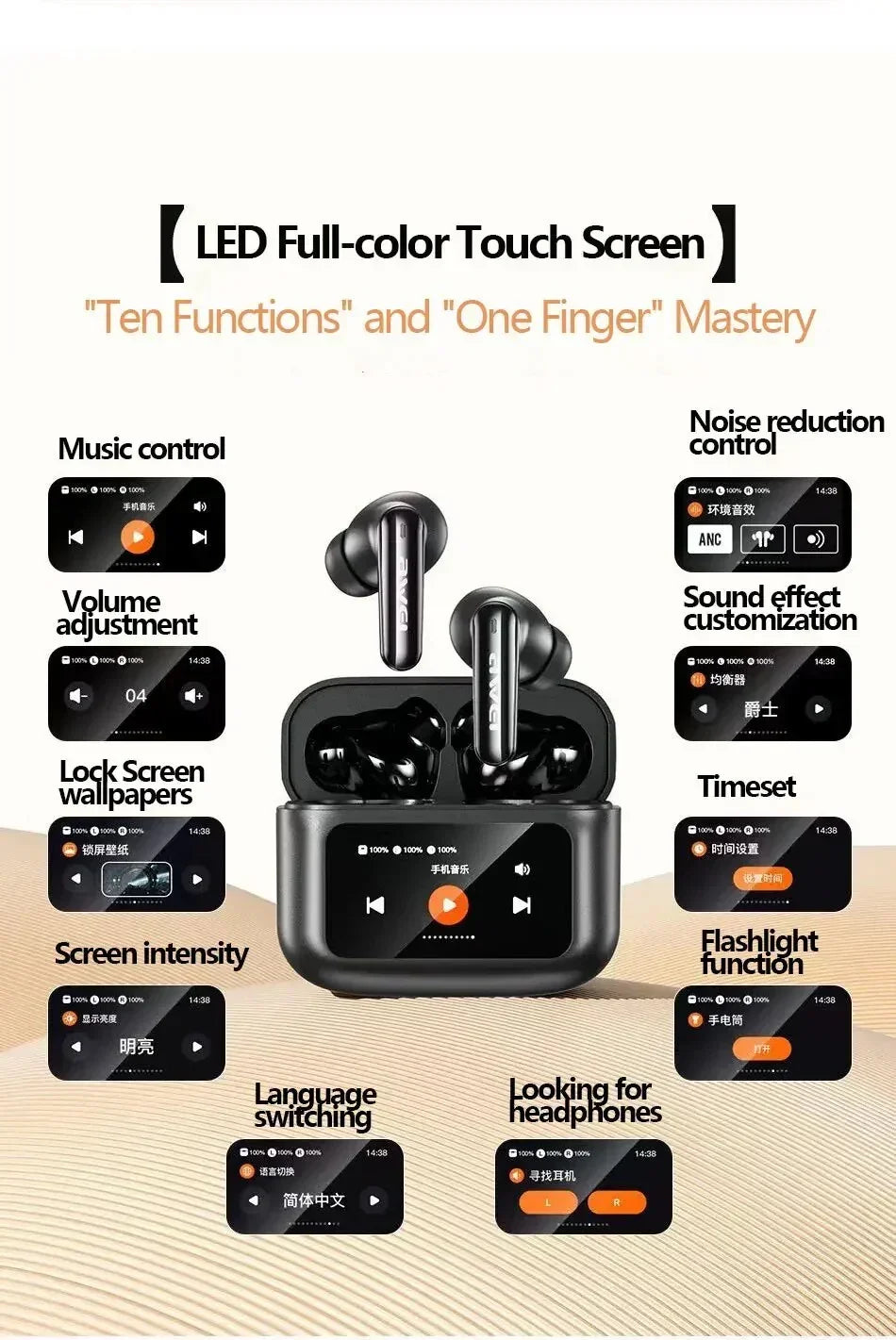 Black wireless earbuds with LED touchscreen charging case, showing touch controls and multiple functions.