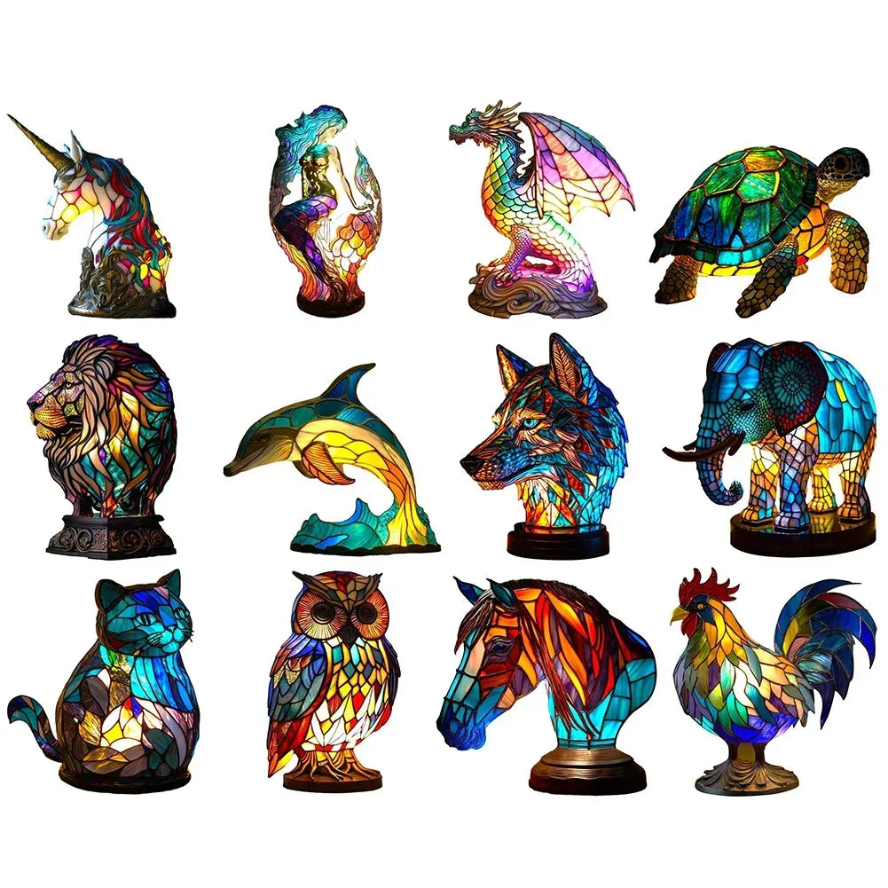 Collection of colorful stained glass animal lamps shaped like unicorn, mermaid, dragon, turtle, lion, dolphin, wolf, elephant, cat, owl, horse, and rooster on white background.