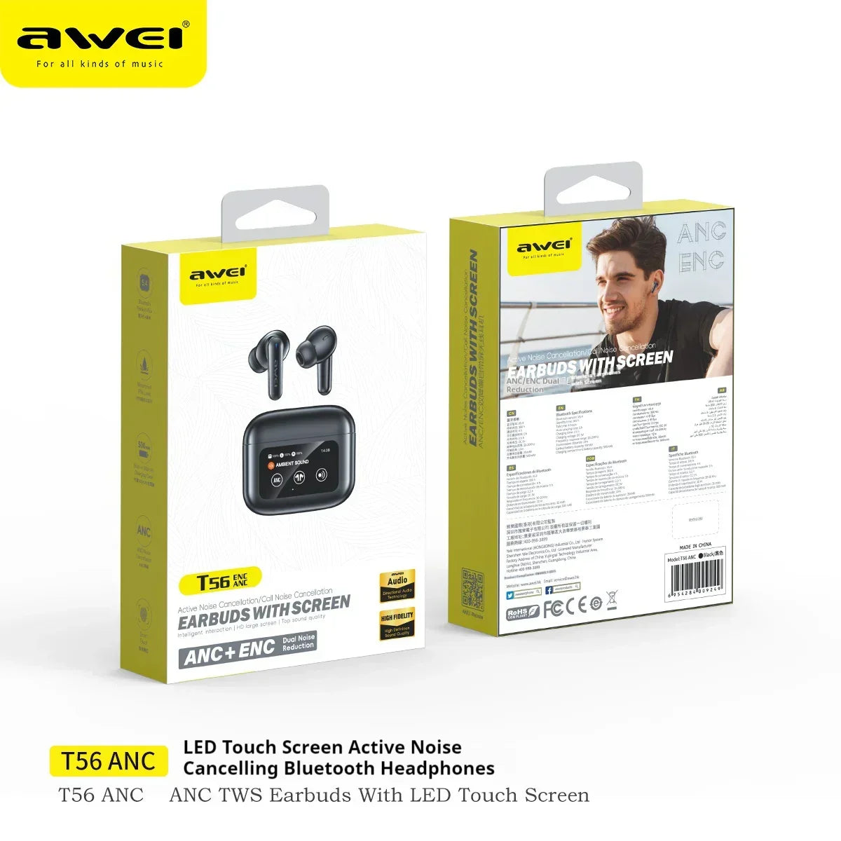 Packaging for black wireless earbuds with LED touch screen, yellow and white box, active noise cancelling