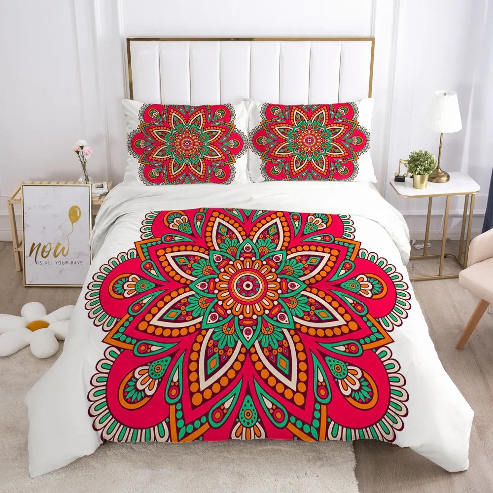 Colorful mandala-patterned duvet cover set in red, orange, and teal on a white bed